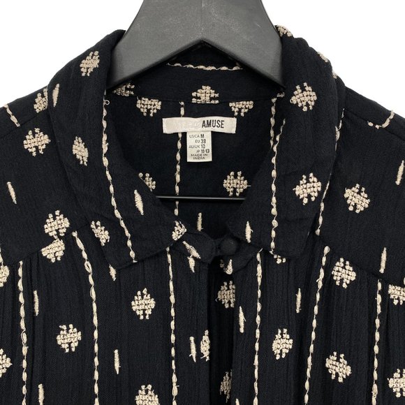AMUSE SOCIETY Black Cream Embroidered Keyhole Long Sleeve Blouse Size M - Picture 6 of 15